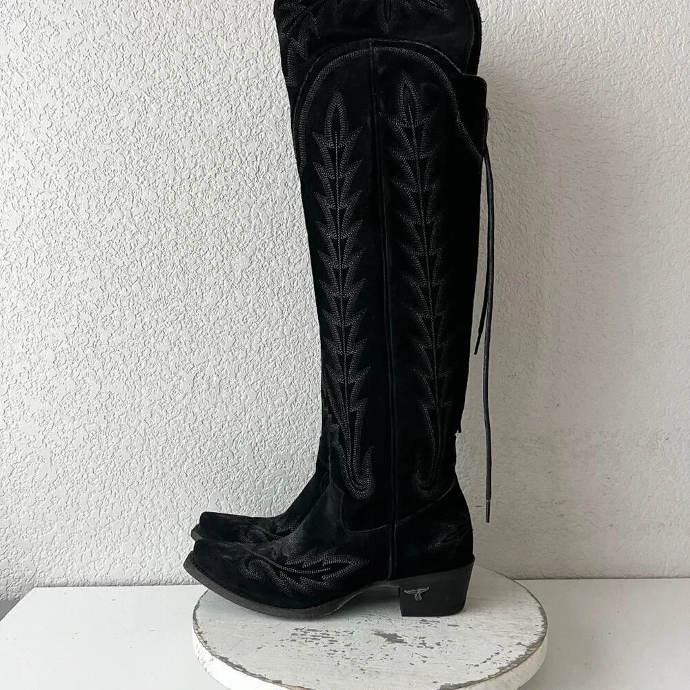 Lane LEXINGTON Over the Knee Cowboy Boots Black Suede Western Tall Snip Toe 7